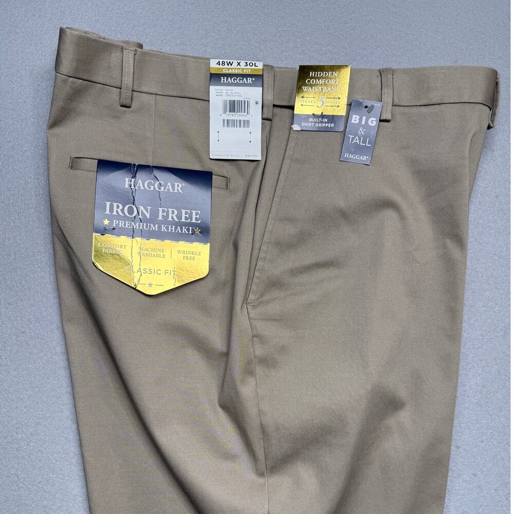 Haggar Men’s Premium No Iron Khaki Straight Flat-Front Pants tan 48x30 $80